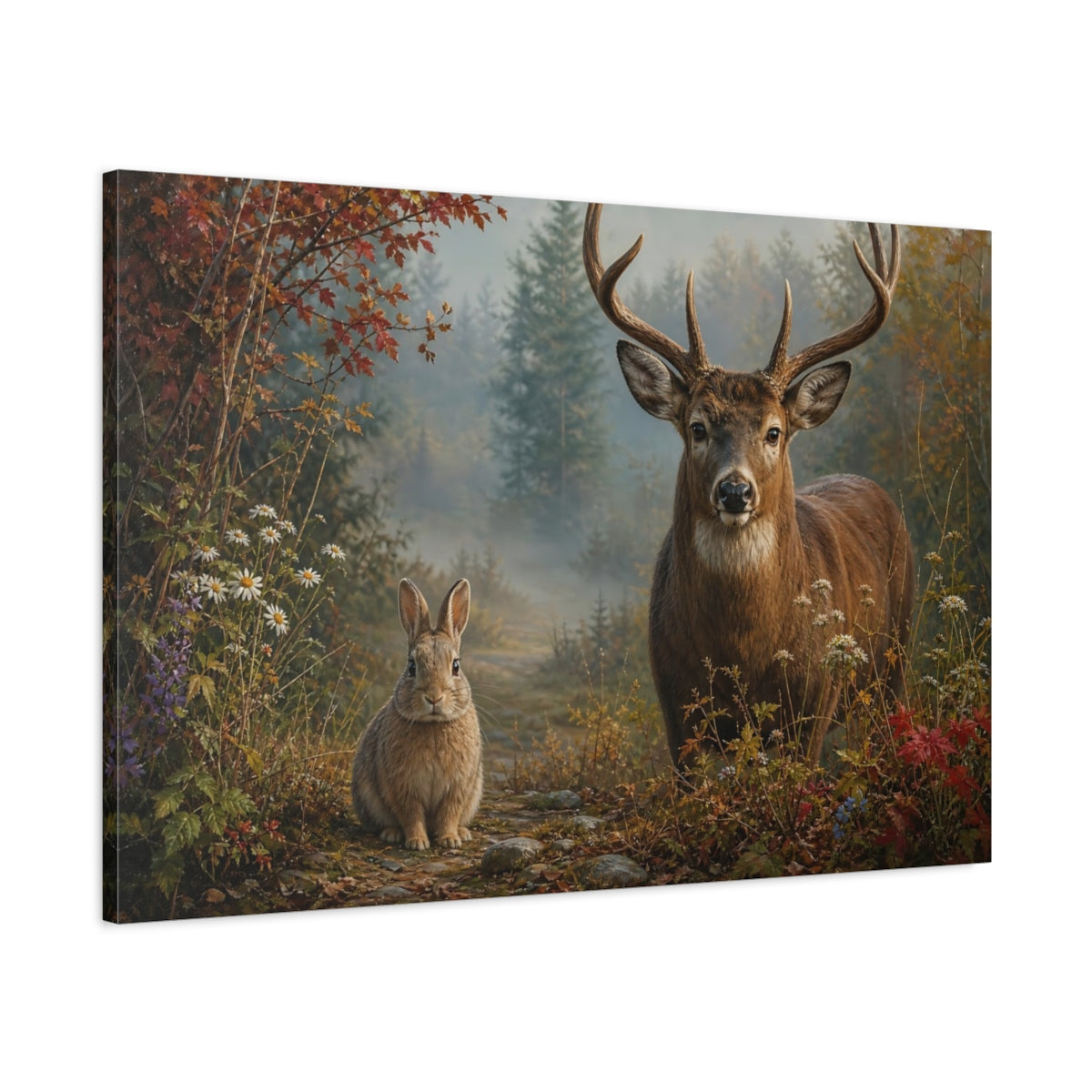 Main Mockup. Animals Deer And Rabbit Forest Animals shown as stretched canvas wall art