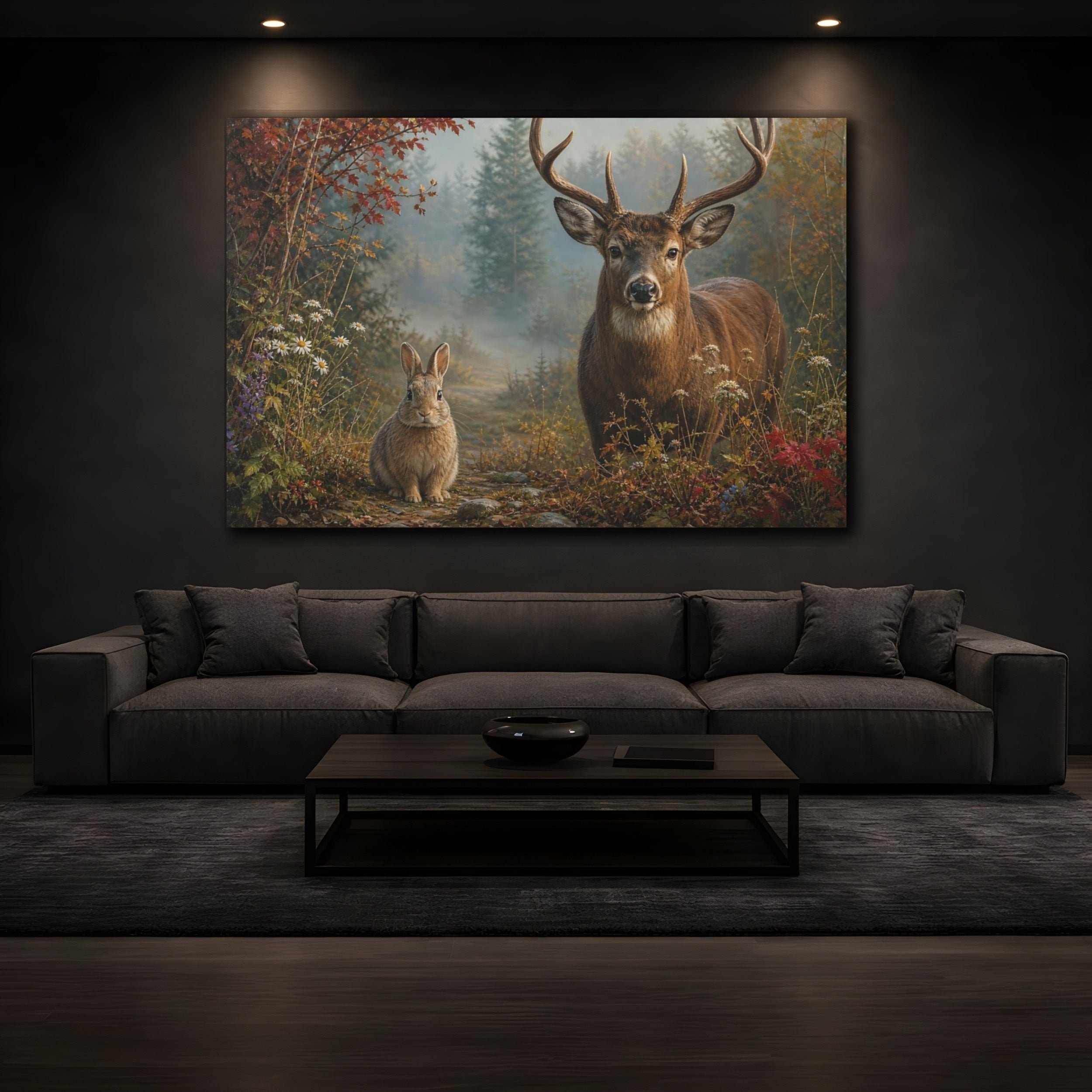 Mockup 3. Animals Deer And Rabbit Forest Animals shown as stretched canvas wall art