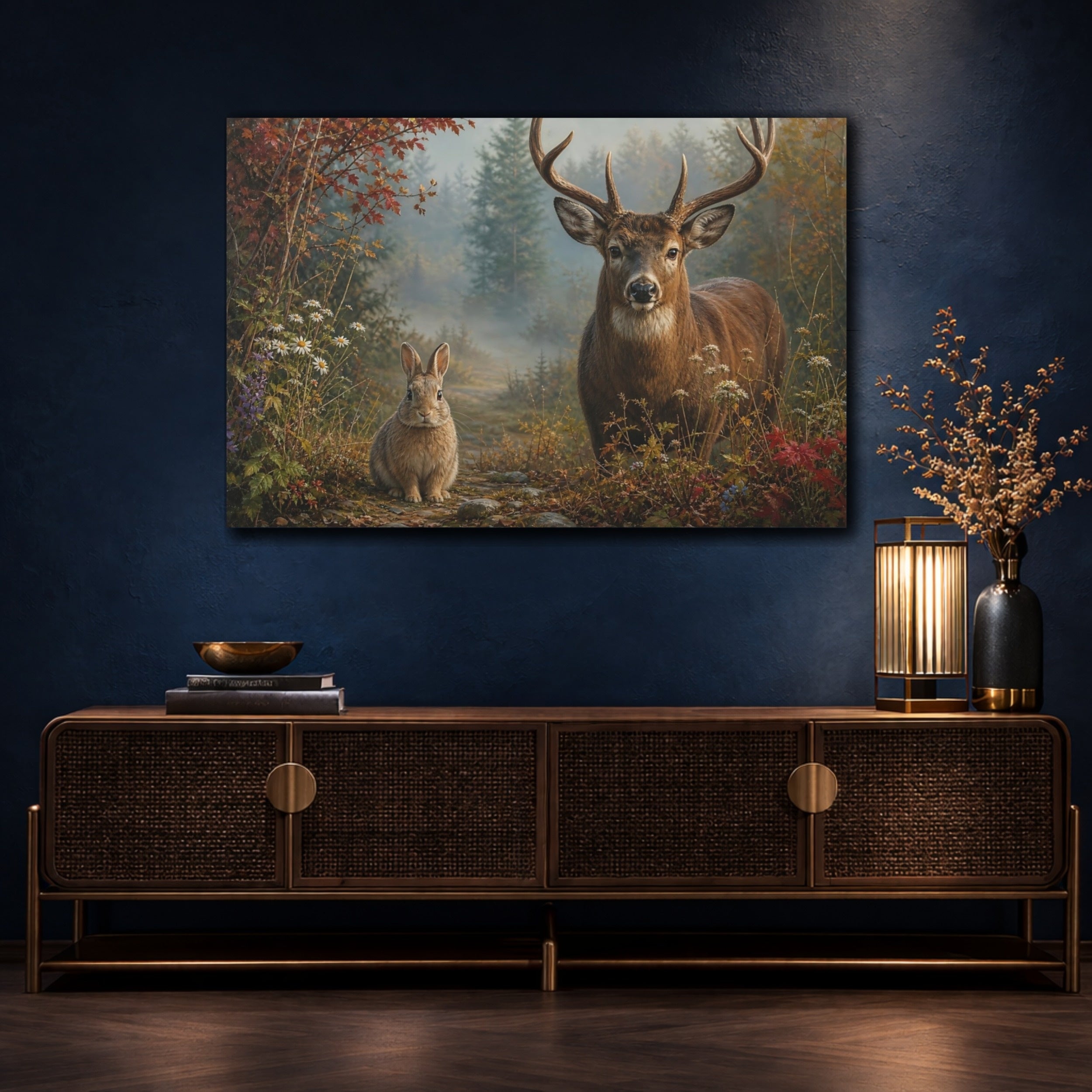 Mockup 4. Animals Deer And Rabbit Forest Animals shown as stretched canvas wall art