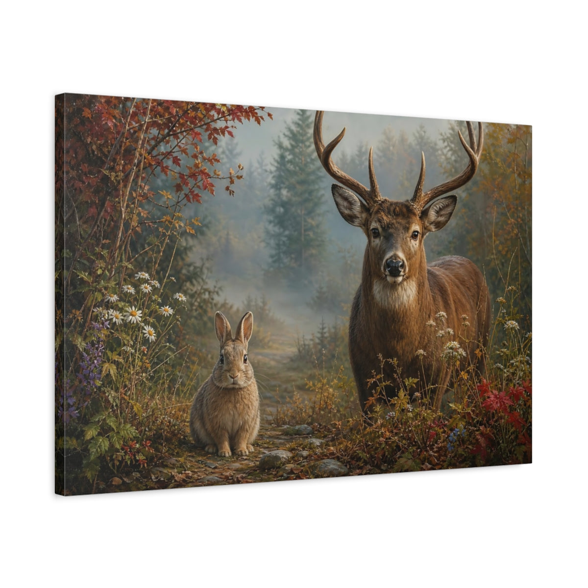 Side Mockup 2. Animals Deer And Rabbit Forest Animals shown as stretched canvas wall art