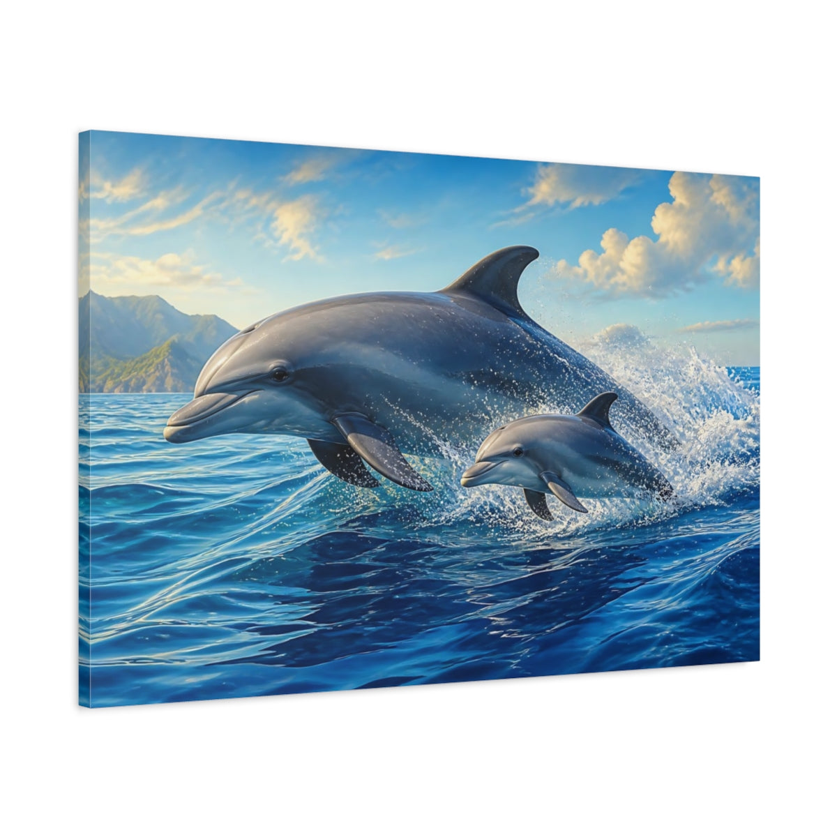 Main Mockup. Animals Dolphins Blue Ocean shown as canvas print