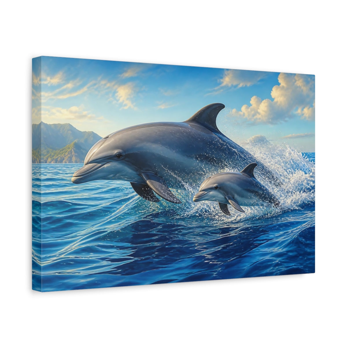 Side Mockup 4. Animals Dolphins Blue Ocean shown as canvas print