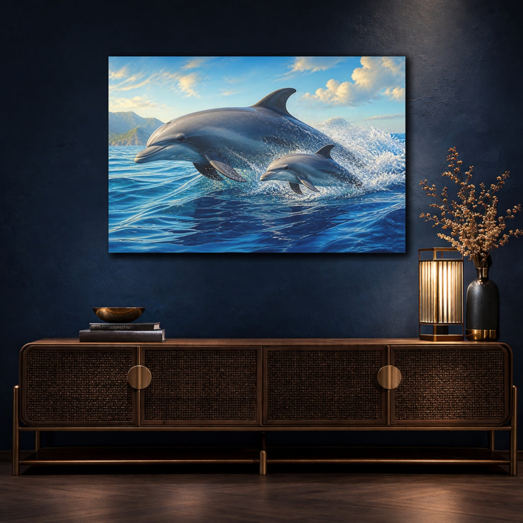 Mockup 4. Animals Dolphins Blue Ocean shown as canvas print