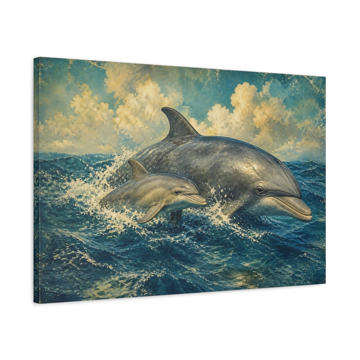 Side Mockup 2. Animals Dolphins Dolphins Blue Vintage shown as canvas print