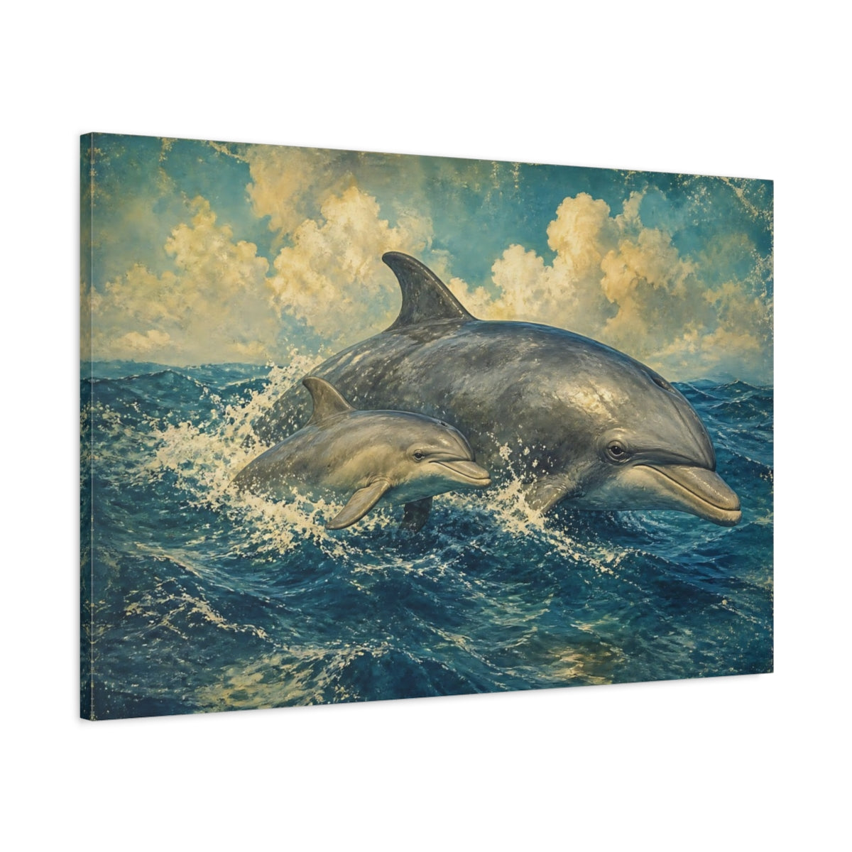 Main Mockup. Animals Dolphins Dolphins Blue Vintage shown as canvas print