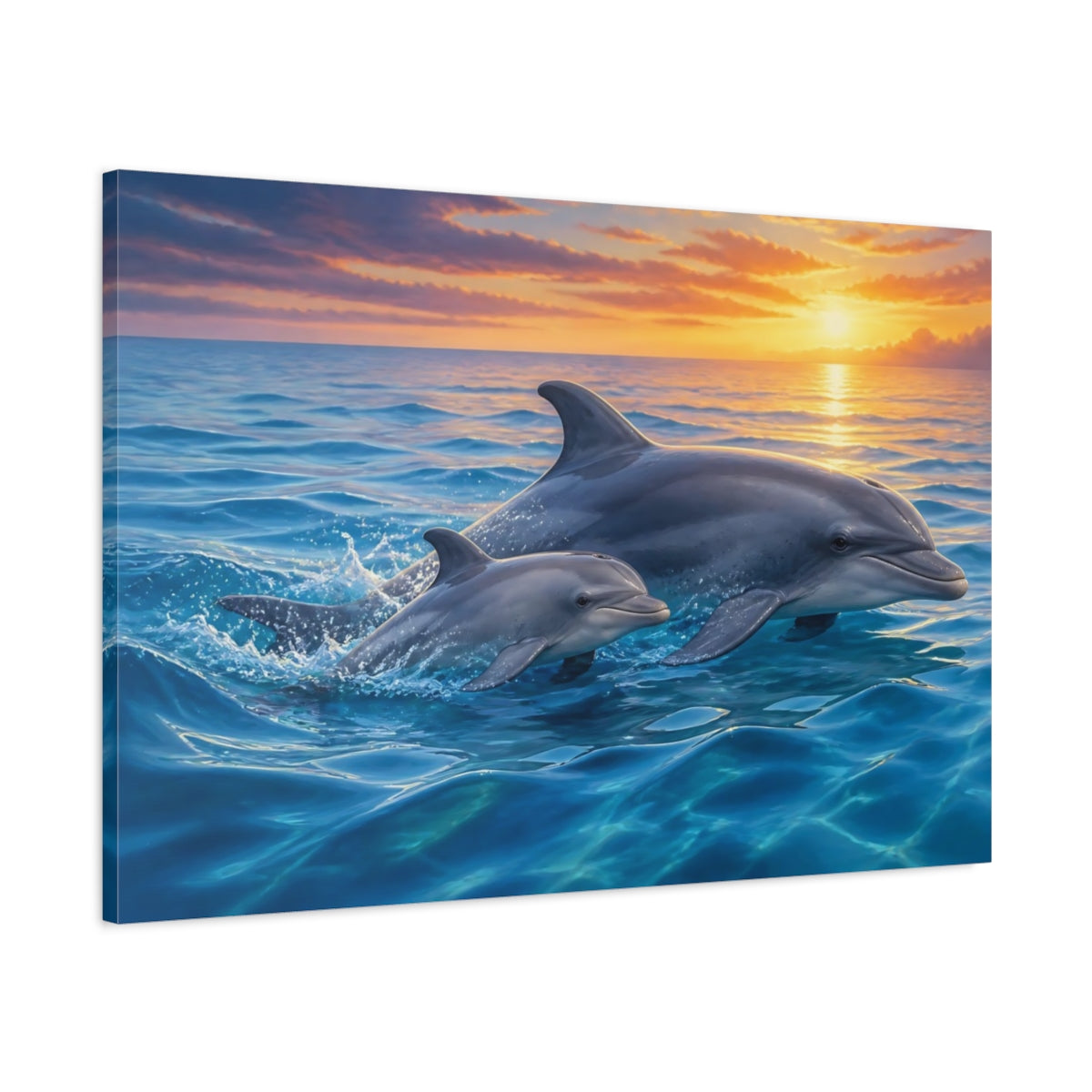 Main Mockup. Animals Dolphins Dolphins Sunset shown as stretched canvas wall art