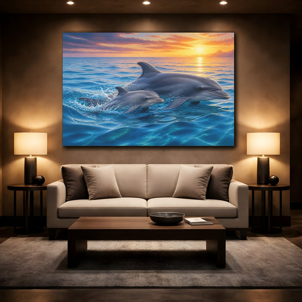 Mockup 2. Animals Dolphins Dolphins Sunset shown as stretched canvas wall art
