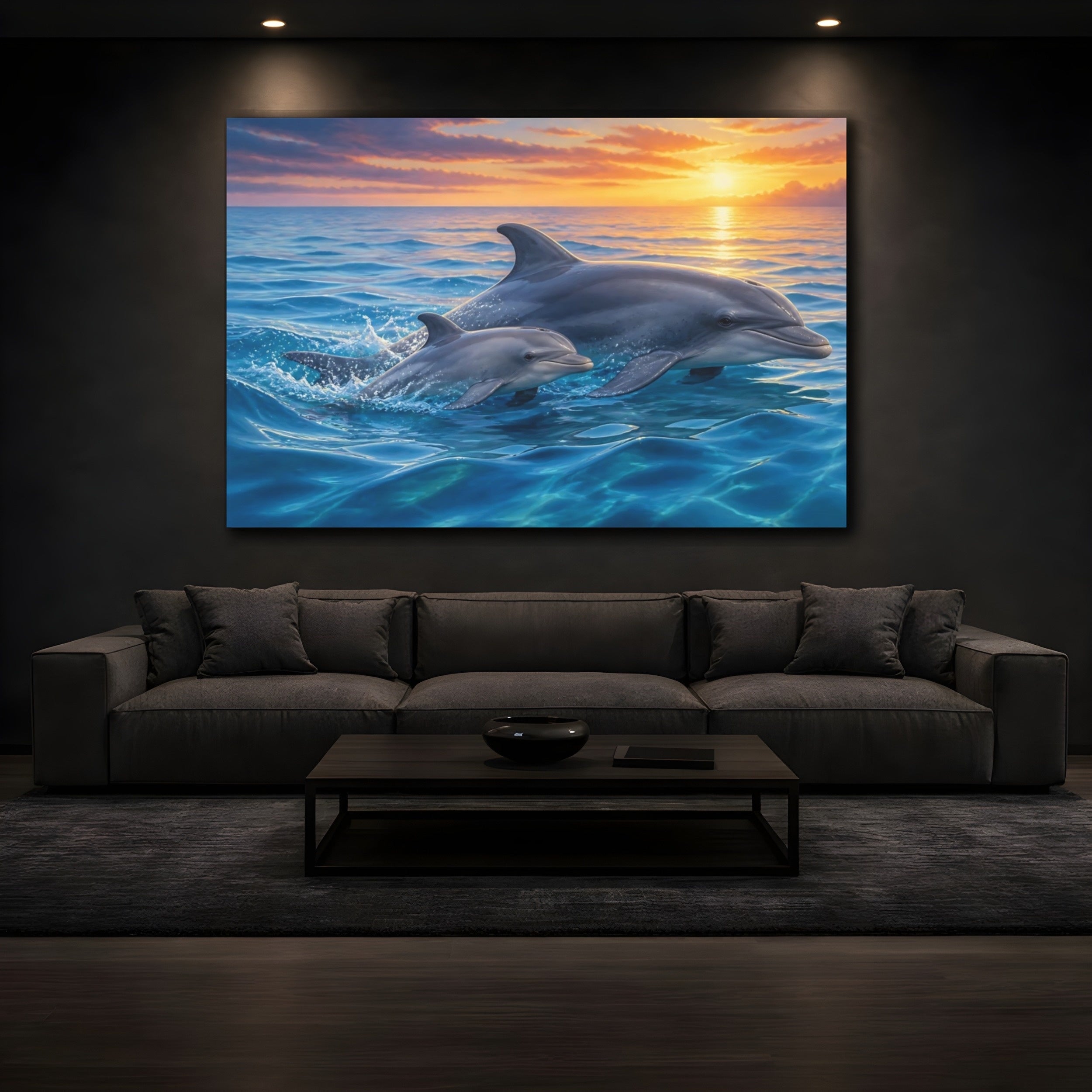 Mockup 3. Animals Dolphins Dolphins Sunset shown as stretched canvas wall art