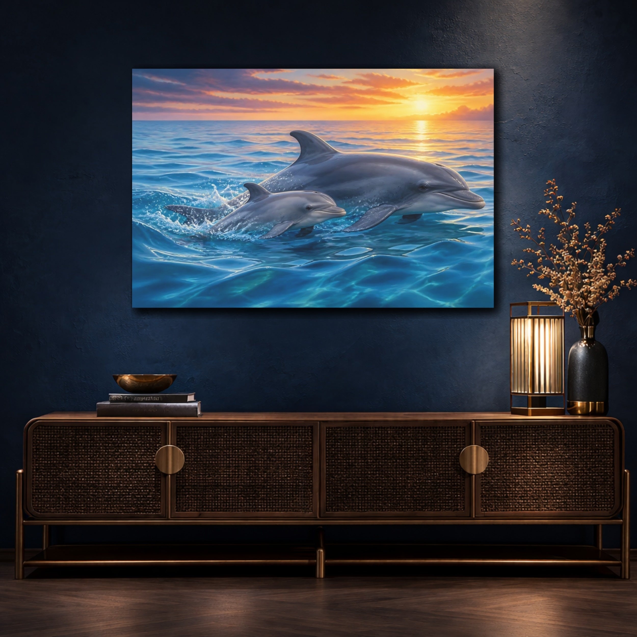 Mockup 4. Animals Dolphins Dolphins Sunset shown as stretched canvas wall art