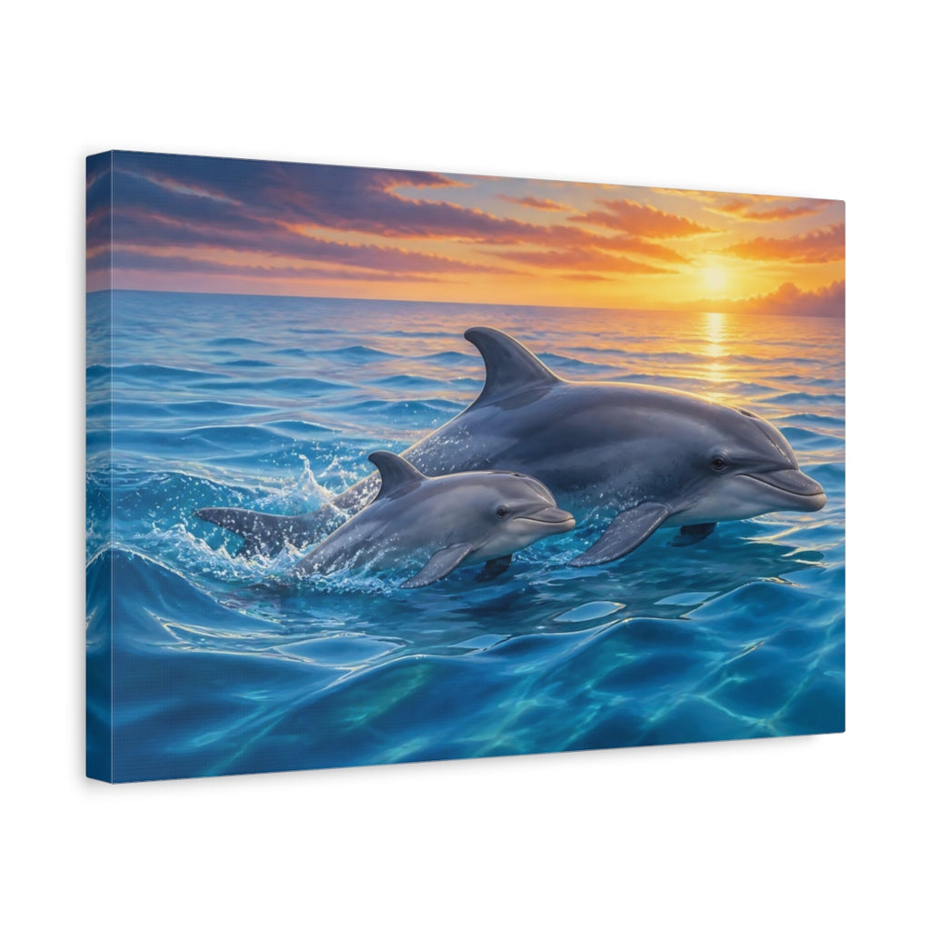 Side Mockup 4. Animals Dolphins Dolphins Sunset shown as stretched canvas wall art