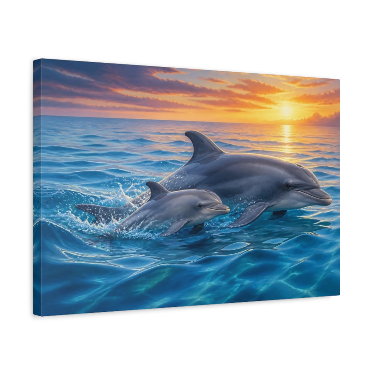 Side Mockup 3. Animals Dolphins Dolphins Sunset shown as stretched canvas wall art