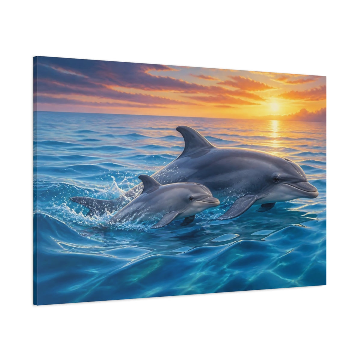 Side Mockup 1. Animals Dolphins Dolphins Sunset shown as stretched canvas wall art