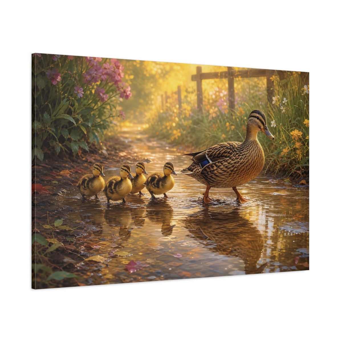 Side Mockup 1. Animals Duck Family Golden Duck Family shown as canvas print