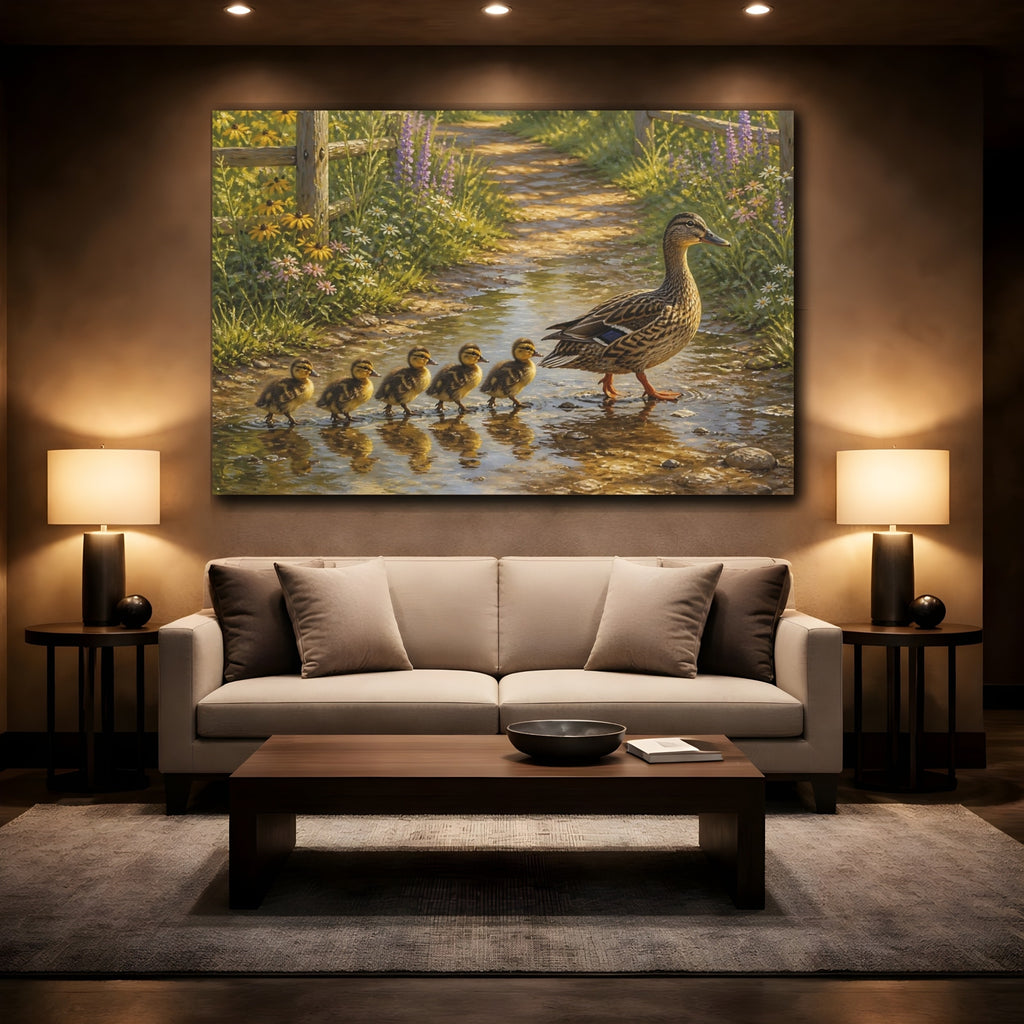 Mockup 2. Animals Ducks Brown Green Ducks shown as stretched canvas wall art