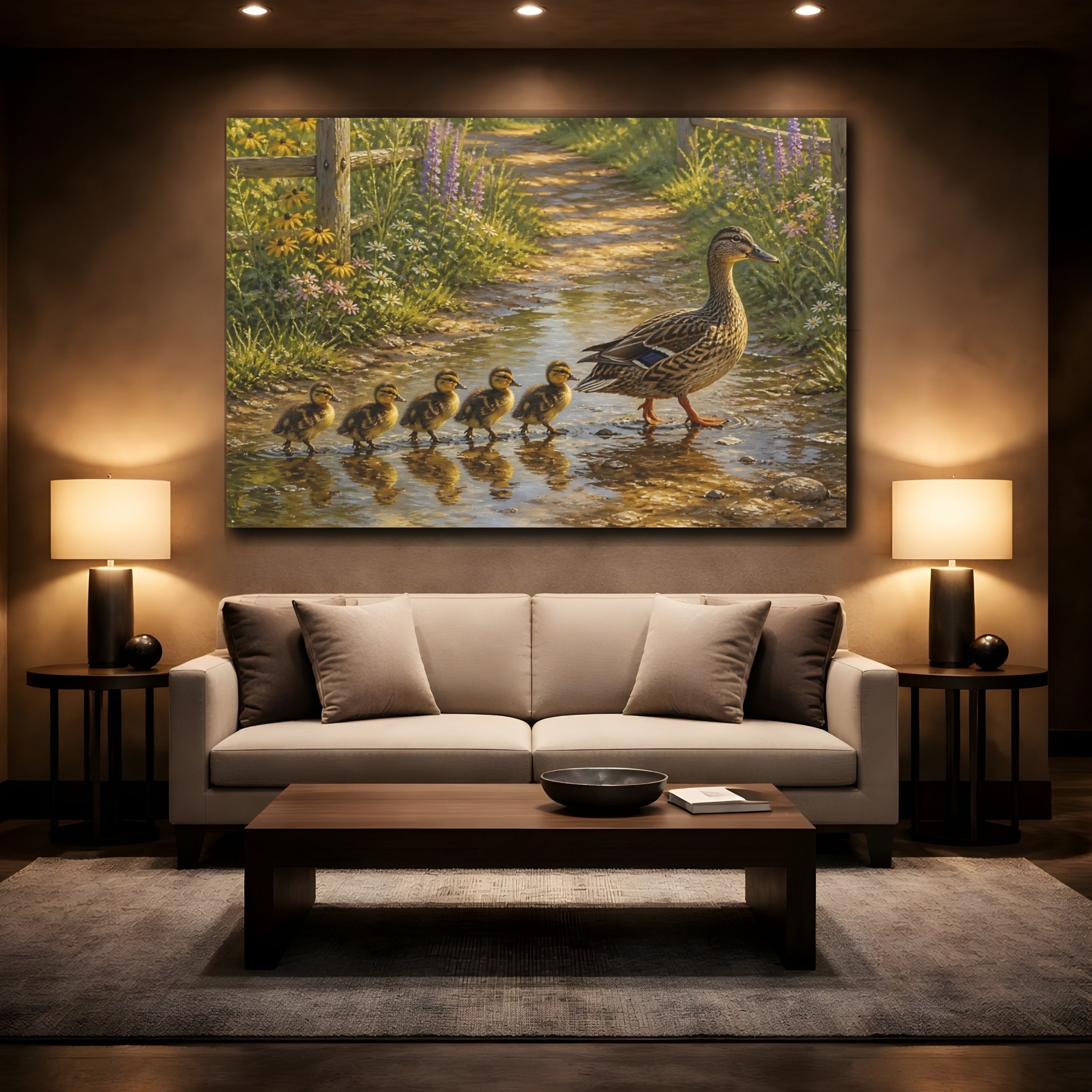 Mockup 2. Animals Ducks Brown Green Ducks shown as stretched canvas wall art