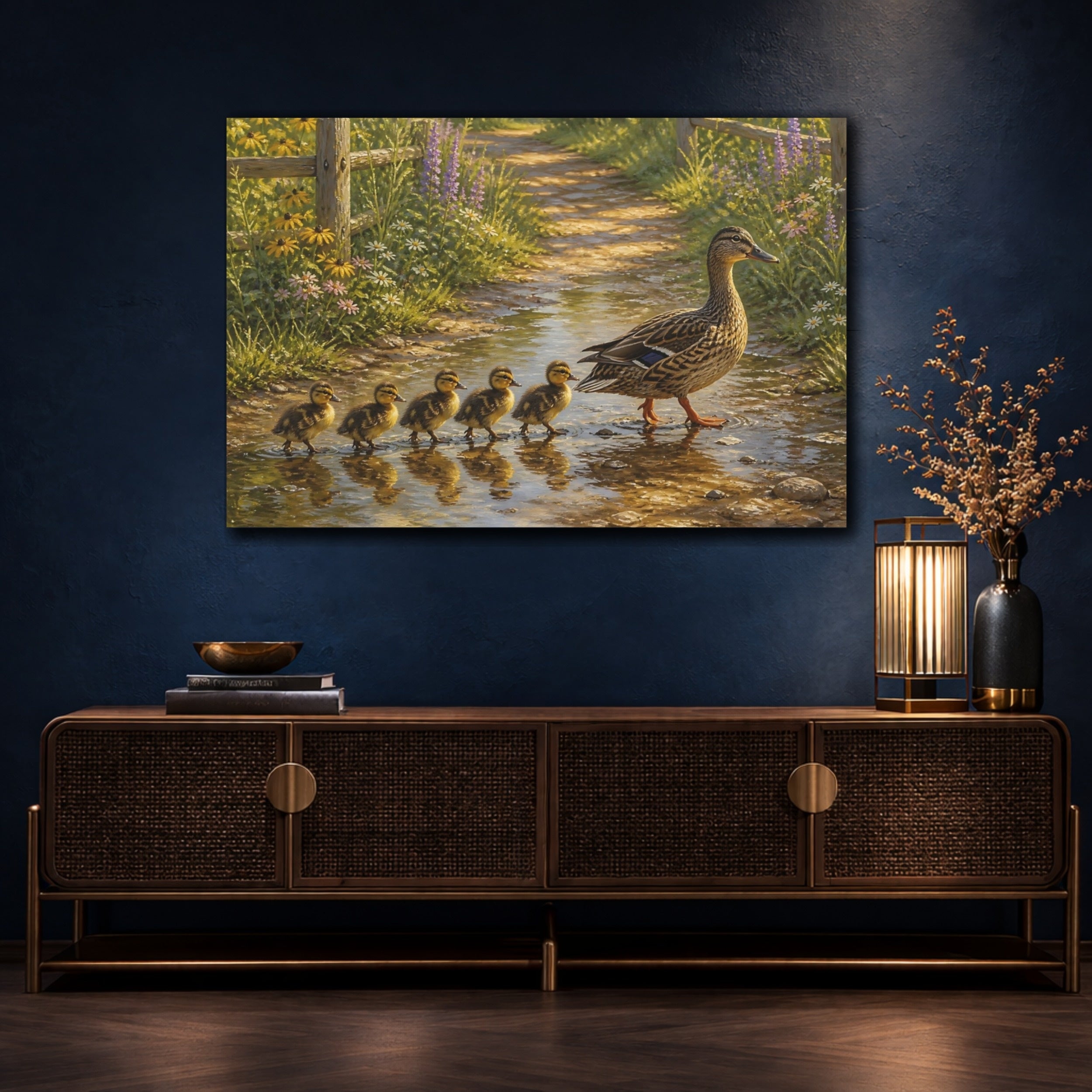 Mockup 4. Animals Ducks Brown Green Ducks shown as stretched canvas wall art