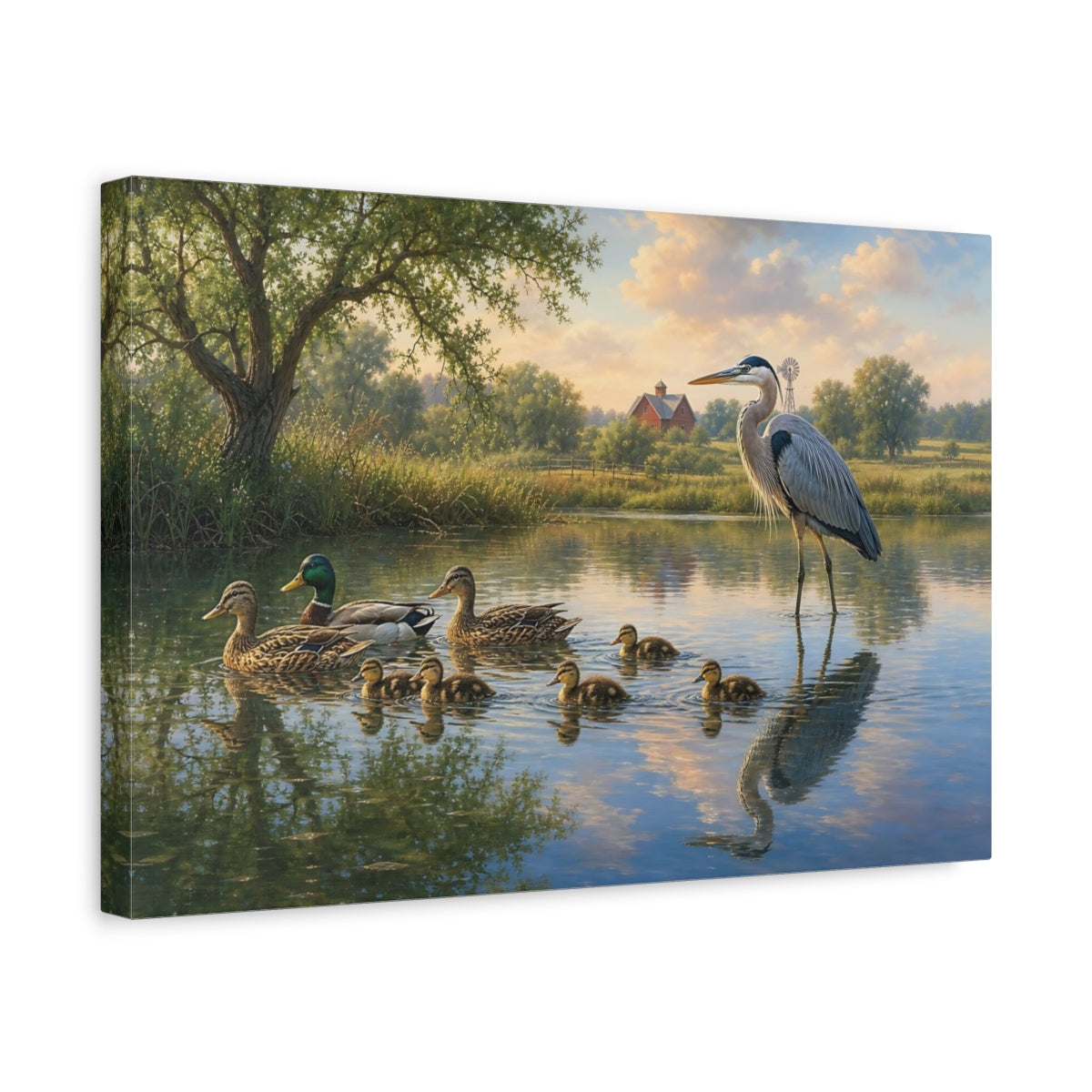 Side Mockup 4. Animals Ducks, Heron Pond Wildlife Scene shown as canvas print