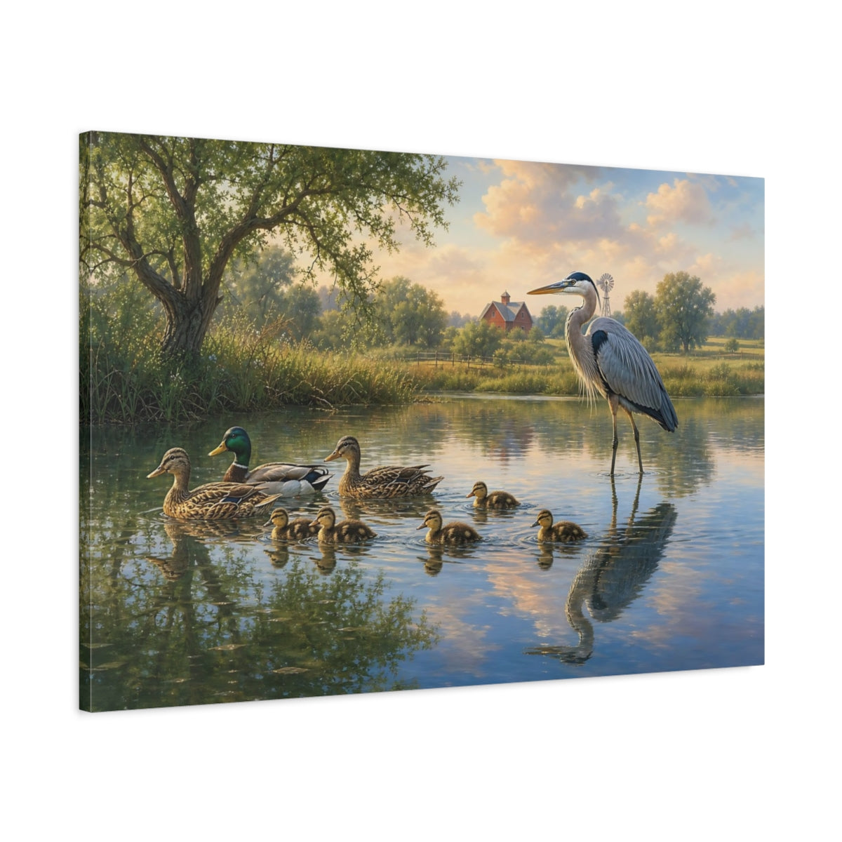 Main Mockup. Animals Ducks, Heron Pond Wildlife Scene shown as canvas print