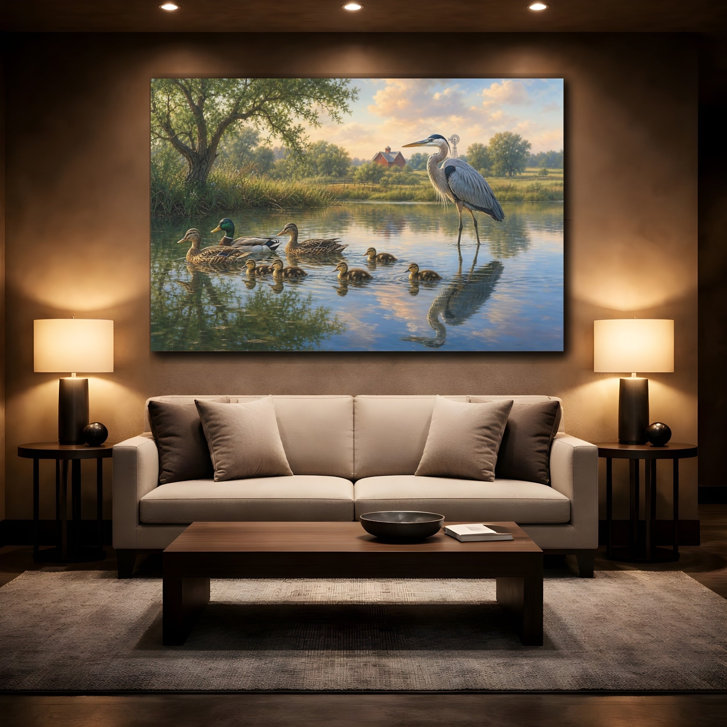 Mockup 2. Animals Ducks, Heron Pond Wildlife Scene shown as canvas print