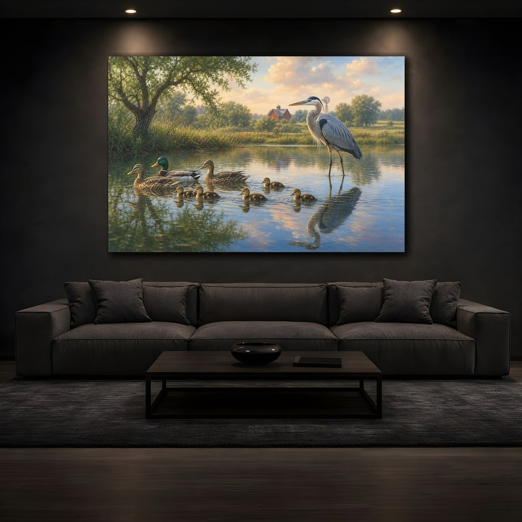 Mockup 3. Animals Ducks, Heron Pond Wildlife Scene shown as canvas print