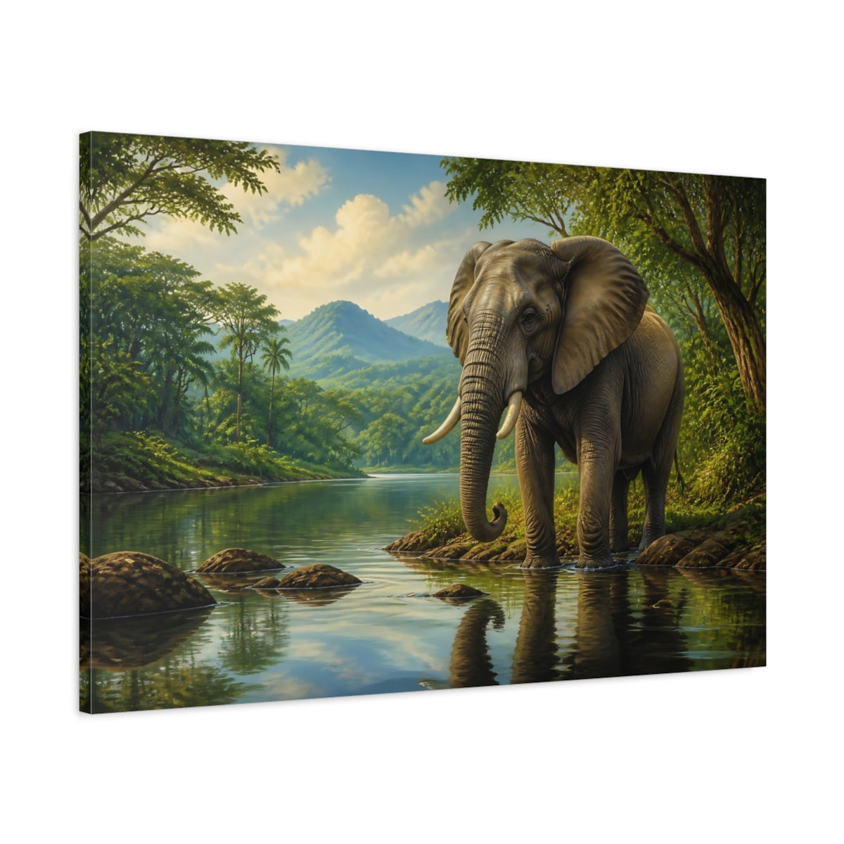 Main Mockup. Animals Elephant Green And Brown shown as stretched canvas wall art