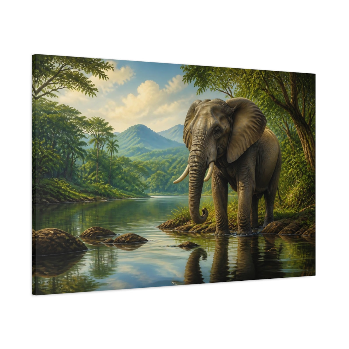 Side Mockup 1. Animals Elephant Green And Brown shown as stretched canvas wall art
