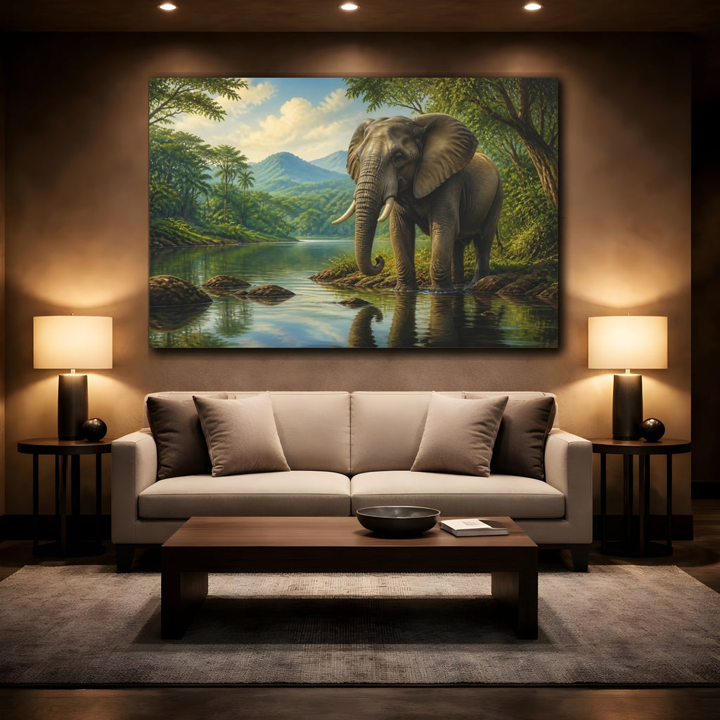 Mockup 2. Animals Elephant Green And Brown shown as stretched canvas wall art