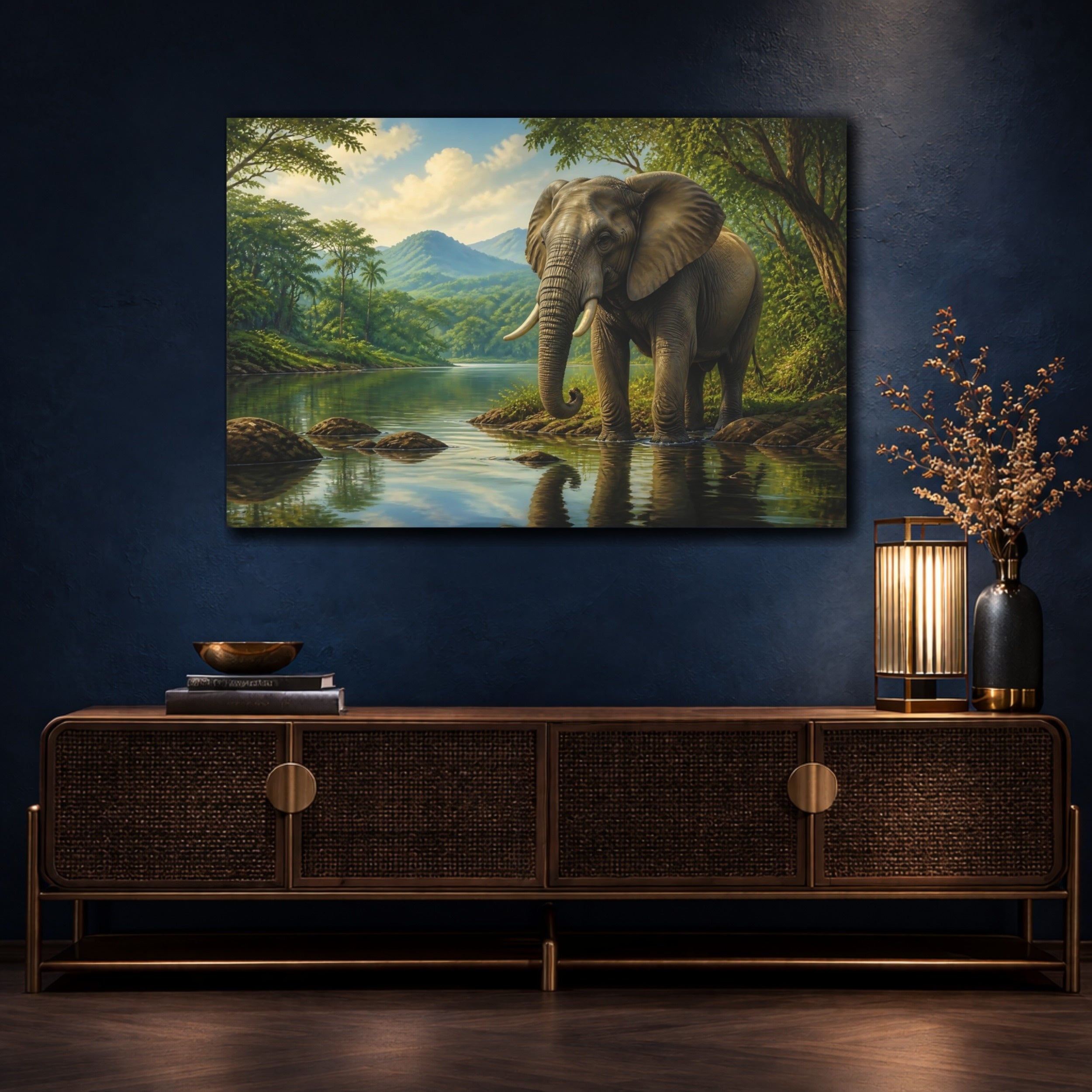 Mockup 4. Animals Elephant Green And Brown shown as stretched canvas wall art