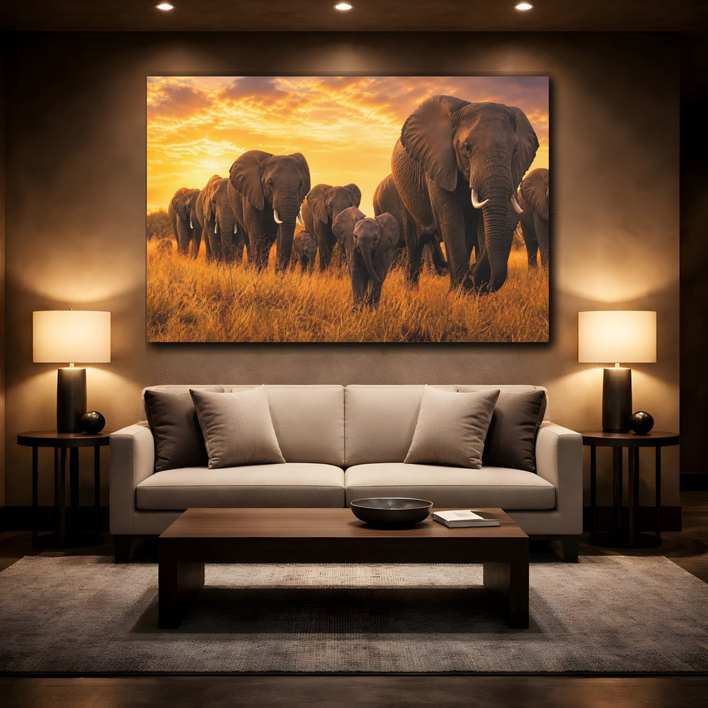 Mockup 2. Animals Elephant Herd Elephants Sunset shown as stretched canvas wall art