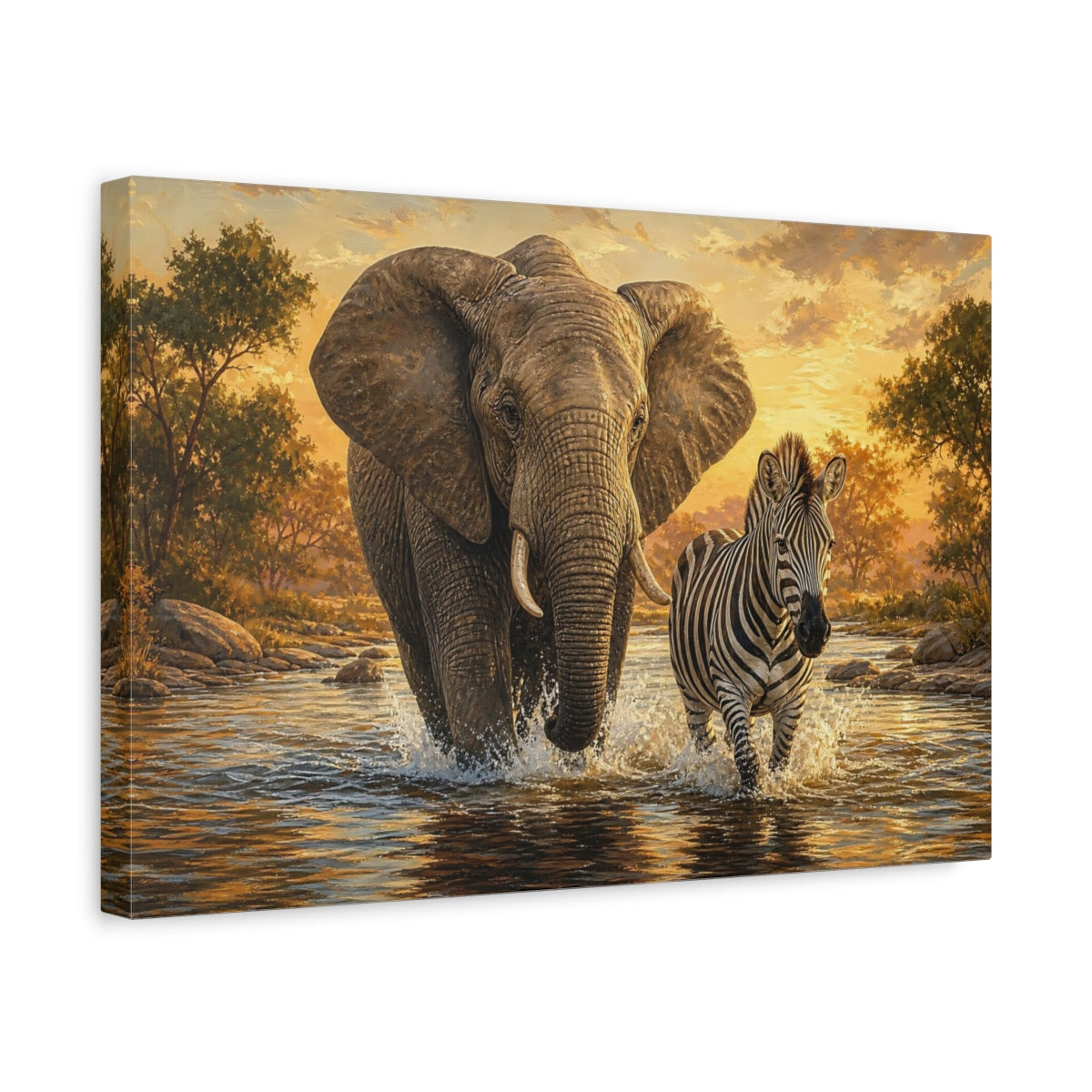 Side Mockup 4. Animals Elephant, Zebra Golden Sunset Wildlife shown as canvas print