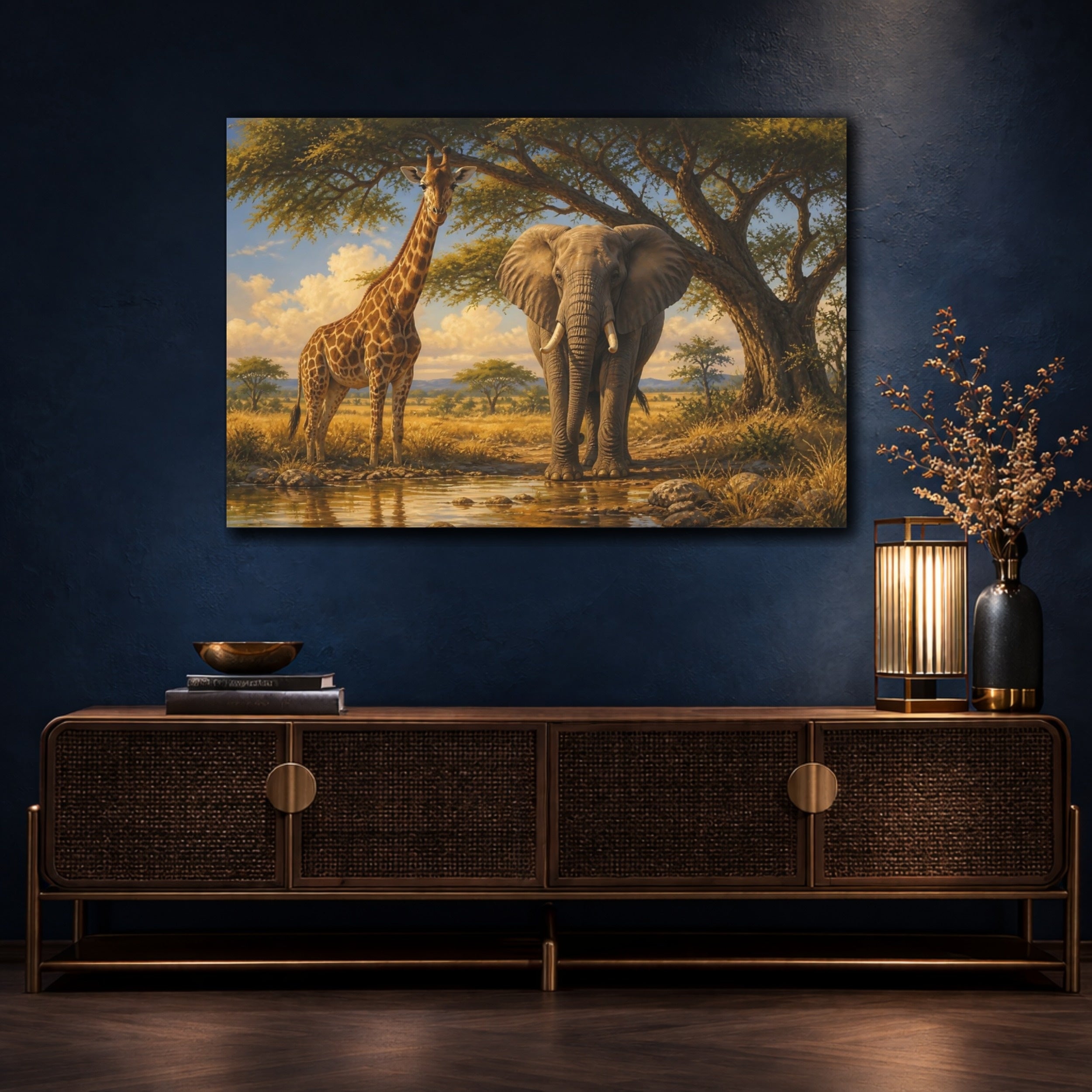 Mockup 4. Animals Elephant, Giraffe African Animals shown as canvas print