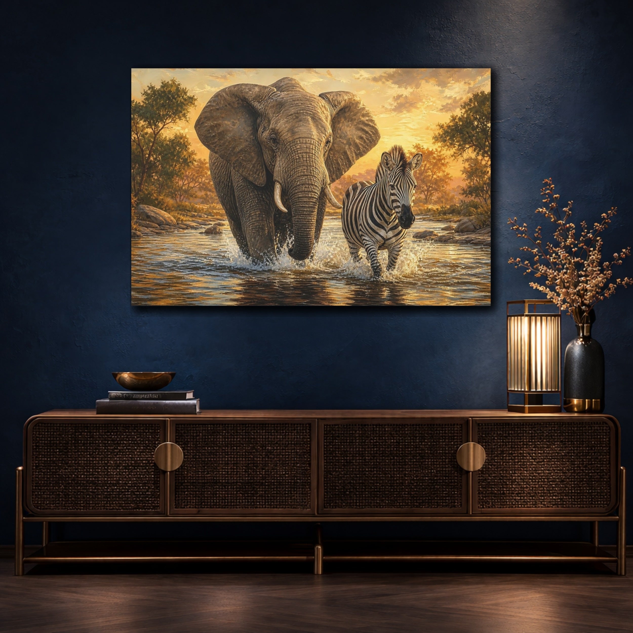 Mockup 4. Animals Elephant, Zebra Golden Sunset Wildlife shown as canvas print
