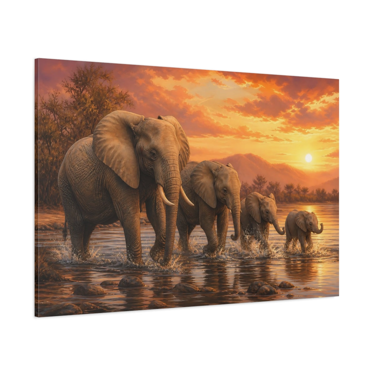 Side Mockup 1. Animals Elephants Brown And Orange shown as canvas print