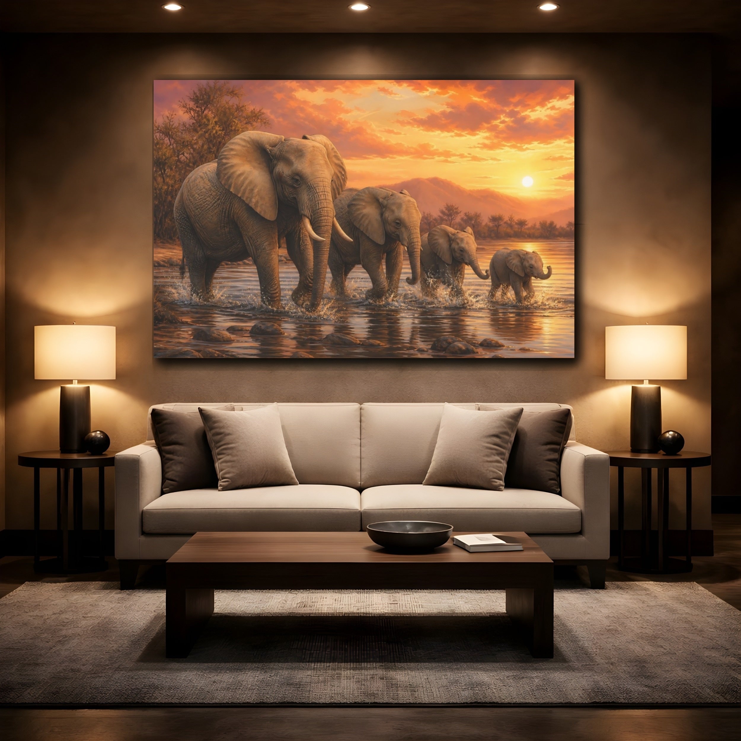 Mockup 2. Animals Elephants Brown And Orange shown as canvas print