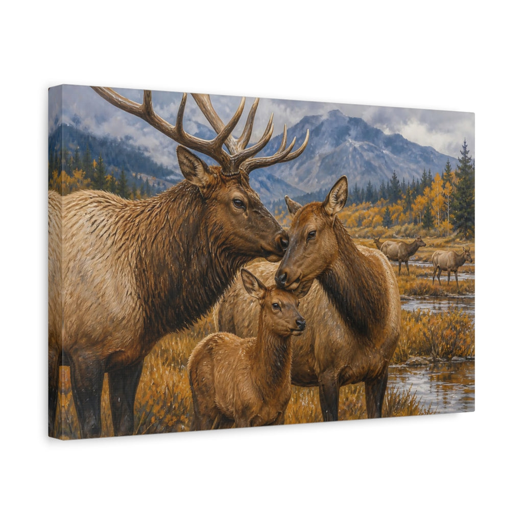 Side Mockup 4. Animals Elk Family Brown And Gold shown as stretched canvas wall art