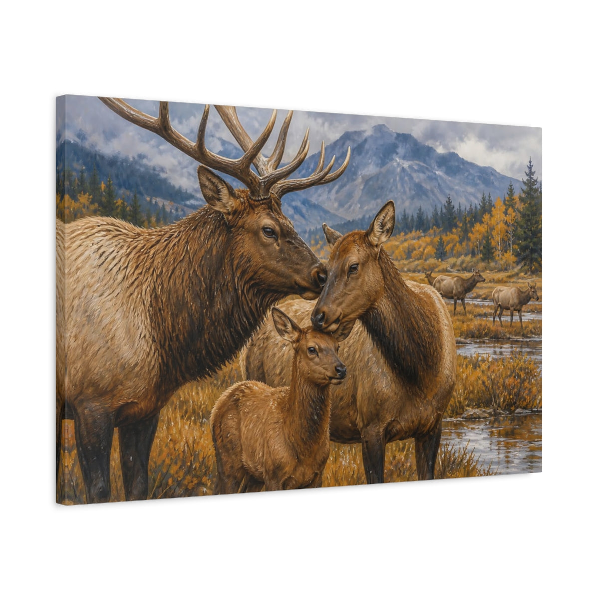 Side Mockup 2. Animals Elk Family Brown And Gold shown as stretched canvas wall art