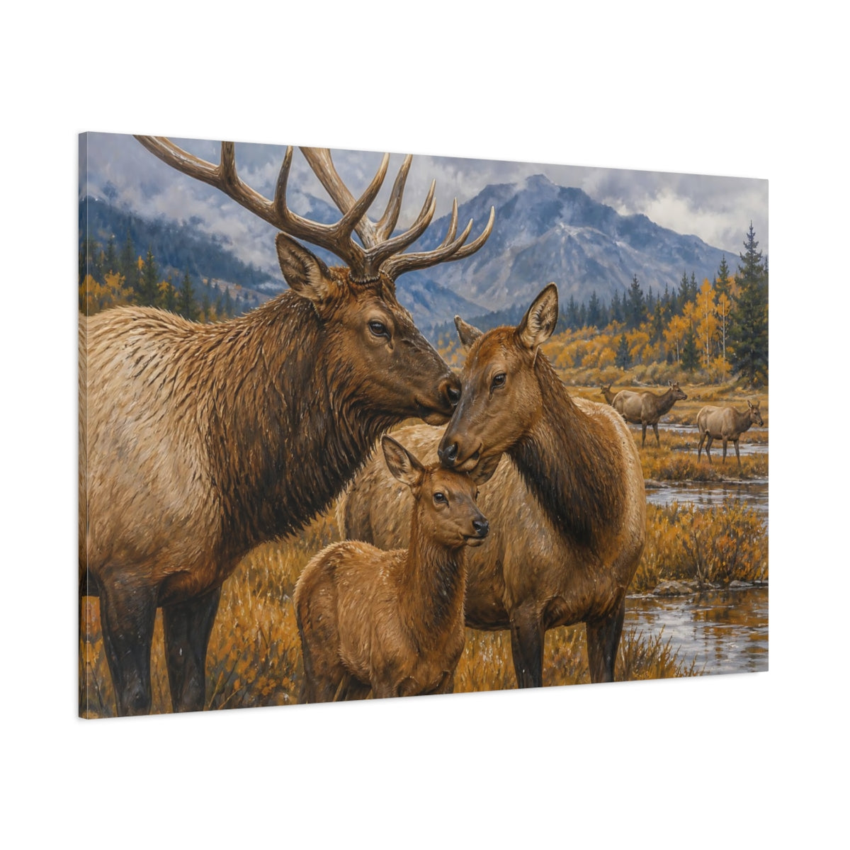 Side Mockup 1. Animals Elk Family Brown And Gold shown as stretched canvas wall art