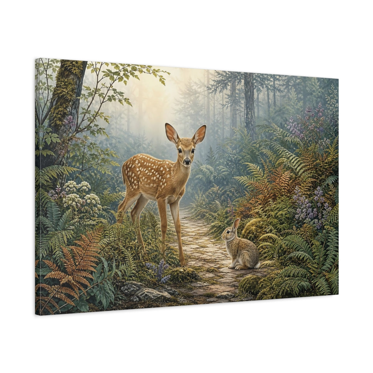 Main Mockup. Animals Fawn And Rabbit Misty Forest Animals shown as stretched canvas wall art