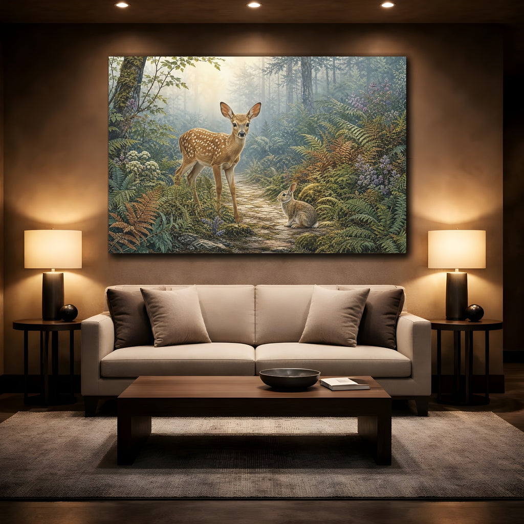 Mockup 2. Animals Fawn And Rabbit Misty Forest Animals shown as stretched canvas wall art