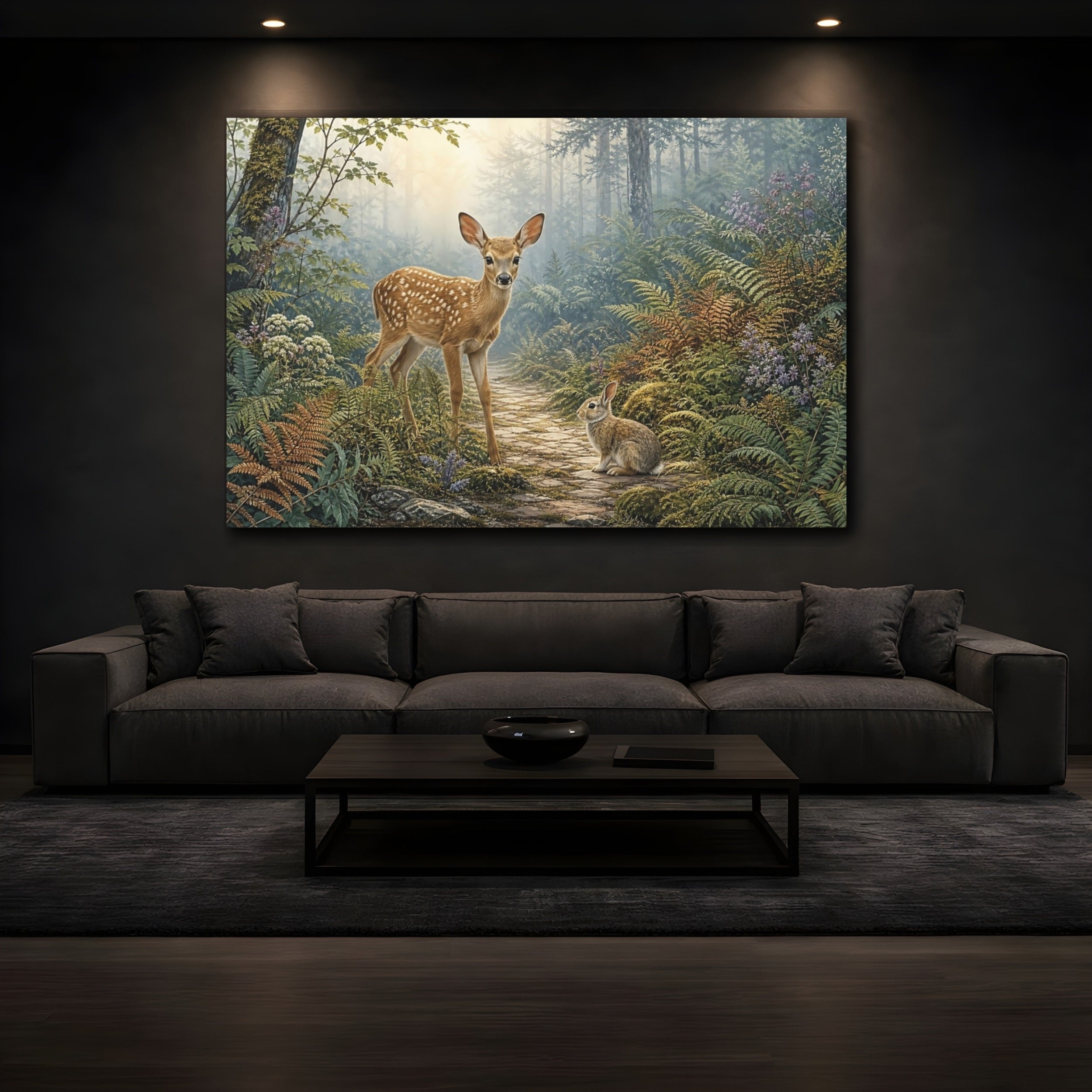 Mockup 3. Animals Fawn And Rabbit Misty Forest Animals shown as stretched canvas wall art