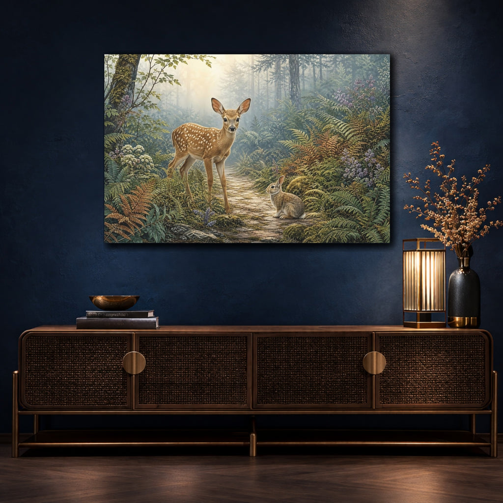 Mockup 4. Animals Fawn And Rabbit Misty Forest Animals shown as stretched canvas wall art