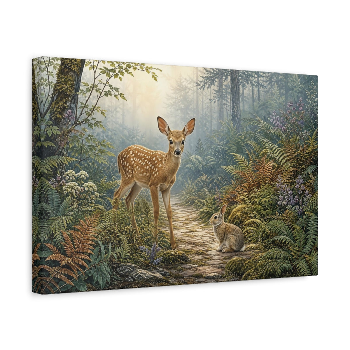Side Mockup 4. Animals Fawn And Rabbit Misty Forest Animals shown as stretched canvas wall art