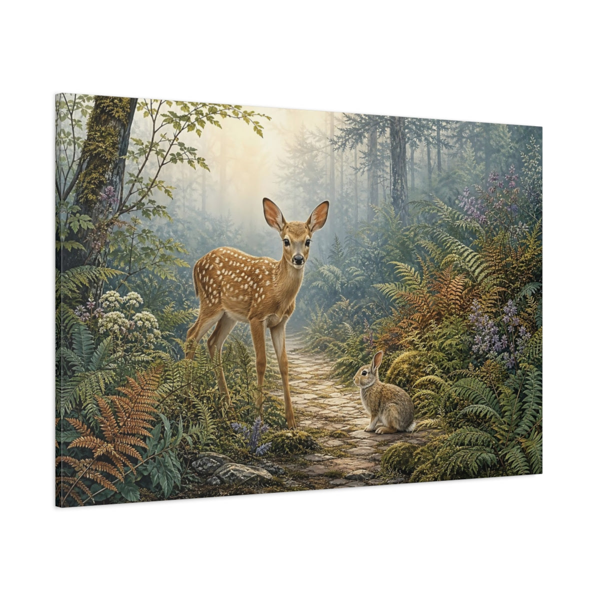 Side Mockup 1. Animals Fawn And Rabbit Misty Forest Animals shown as stretched canvas wall art