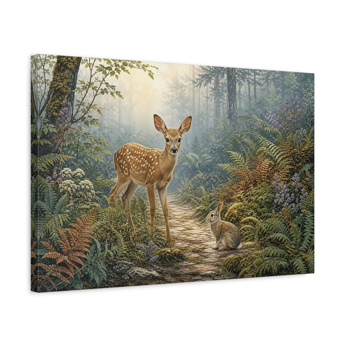 Side Mockup 3. Animals Fawn And Rabbit Misty Forest Animals shown as stretched canvas wall art