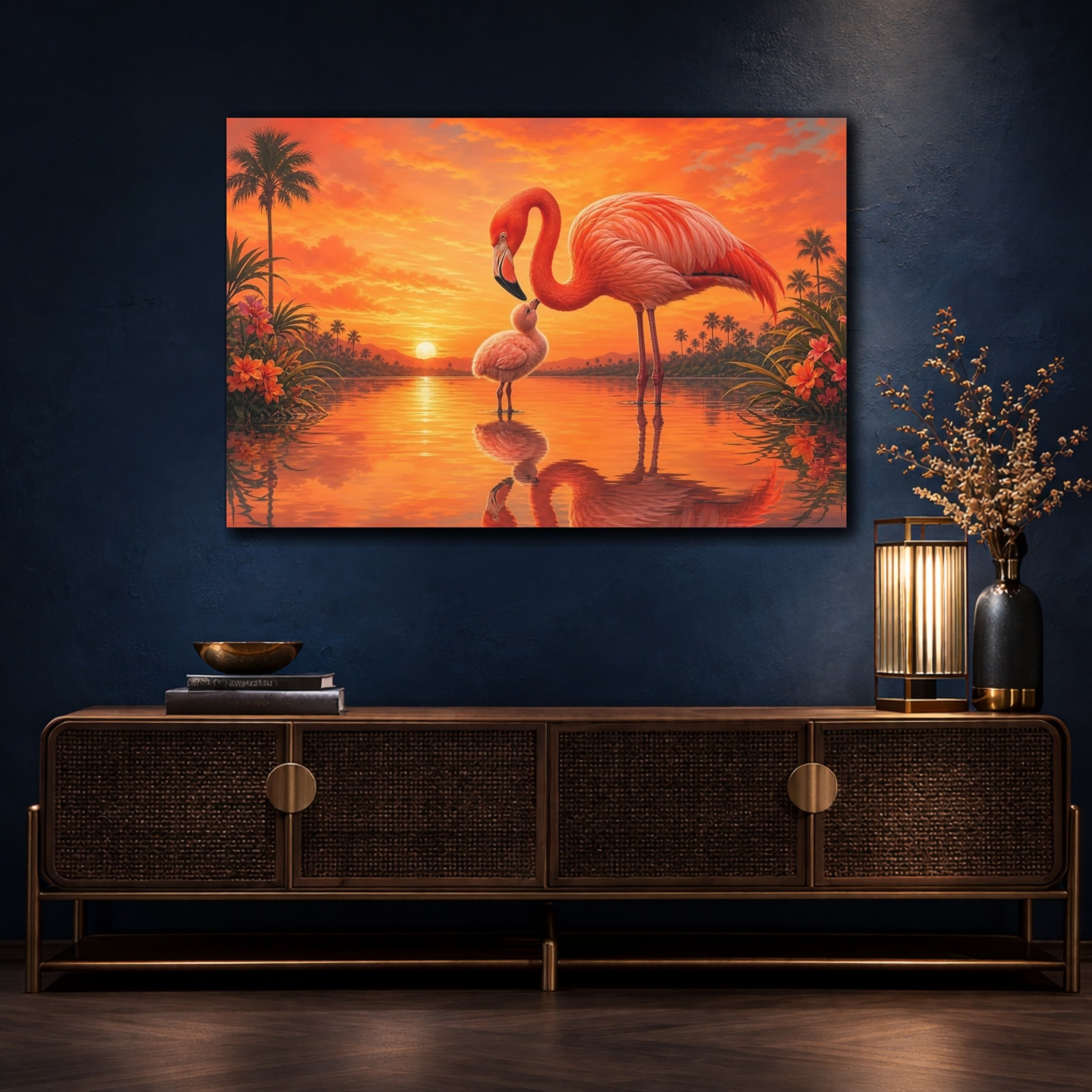 Mockup 4. Animals Flamingo Family Pink Flamingos Sunset shown as stretched canvas wall art