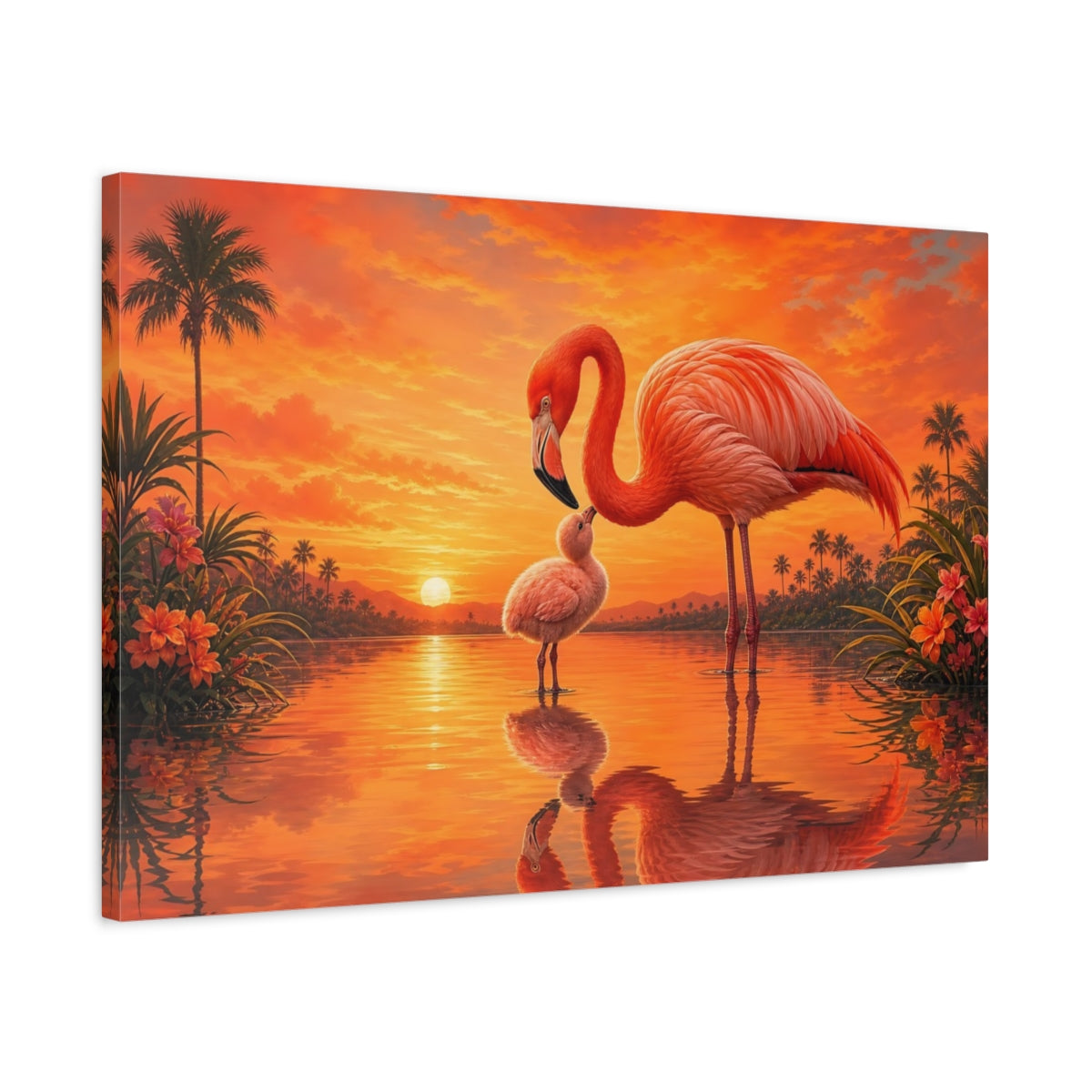 Side Mockup 2. Animals Flamingo Family Pink Flamingos Sunset shown as stretched canvas wall art