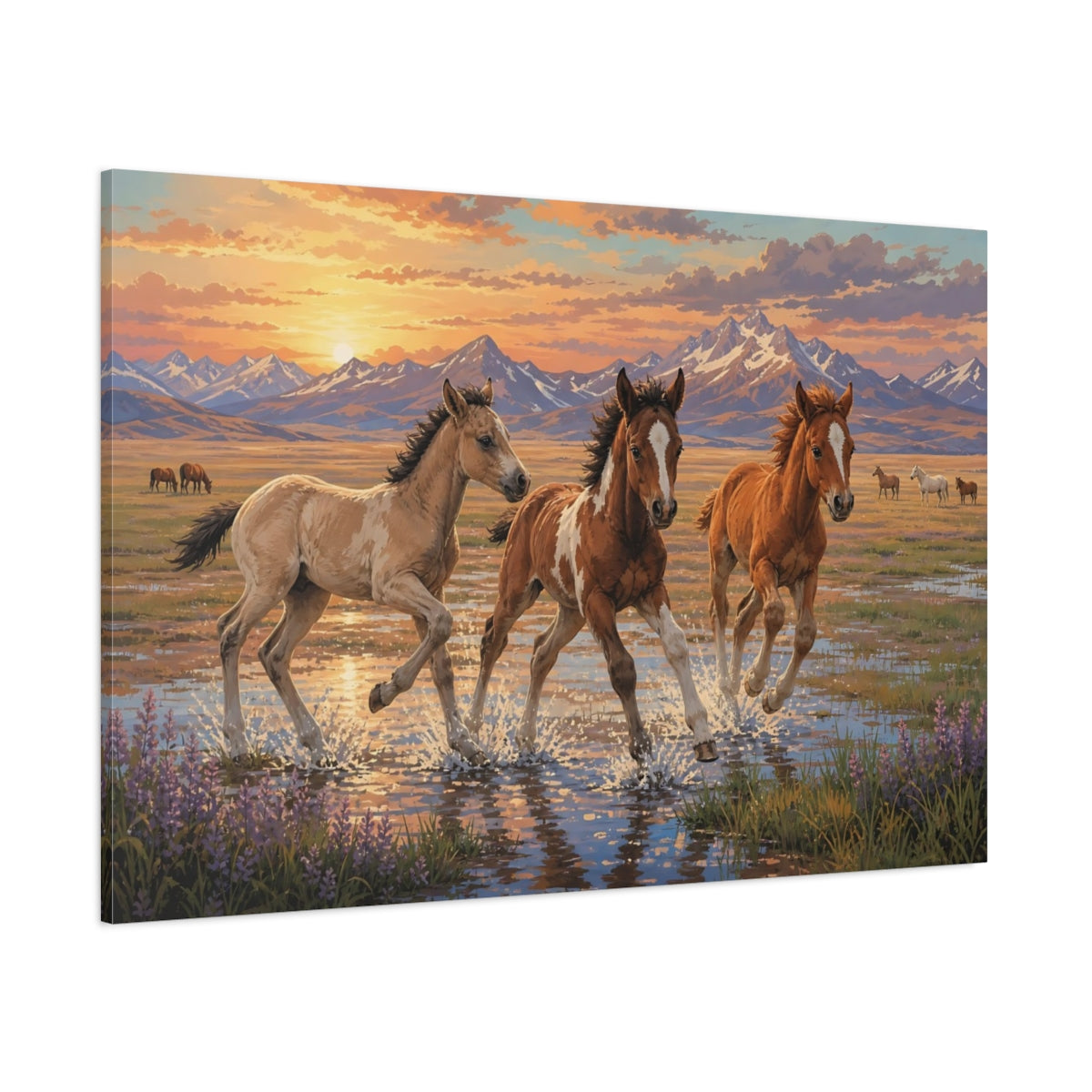 Side Mockup 1. Animals Foals Running Wild Horses Sunset shown as canvas print