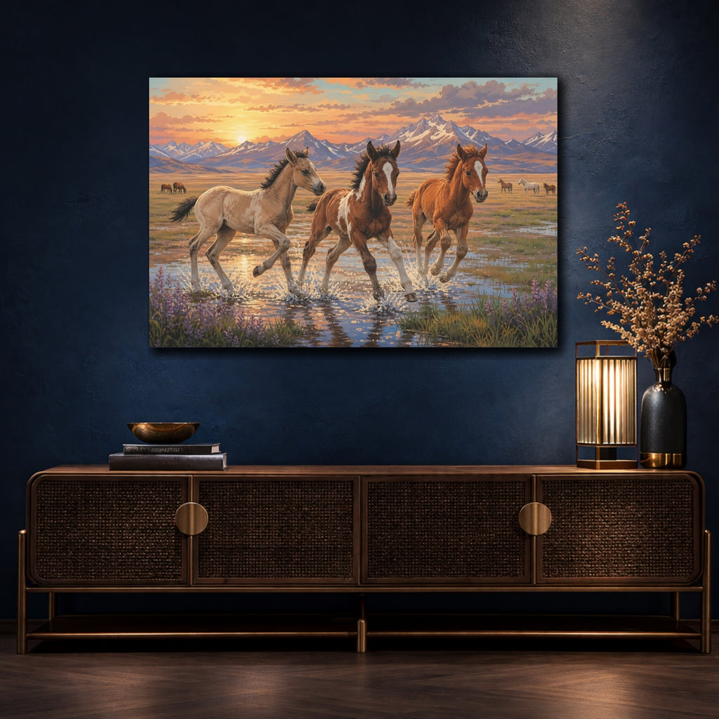 Mockup 4. Animals Foals Running Wild Horses Sunset shown as canvas print