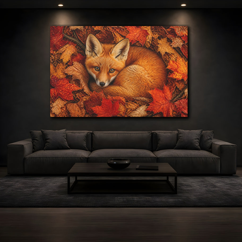 Mockup 3. Animals Fox Autumn Fox shown as stretched canvas wall art