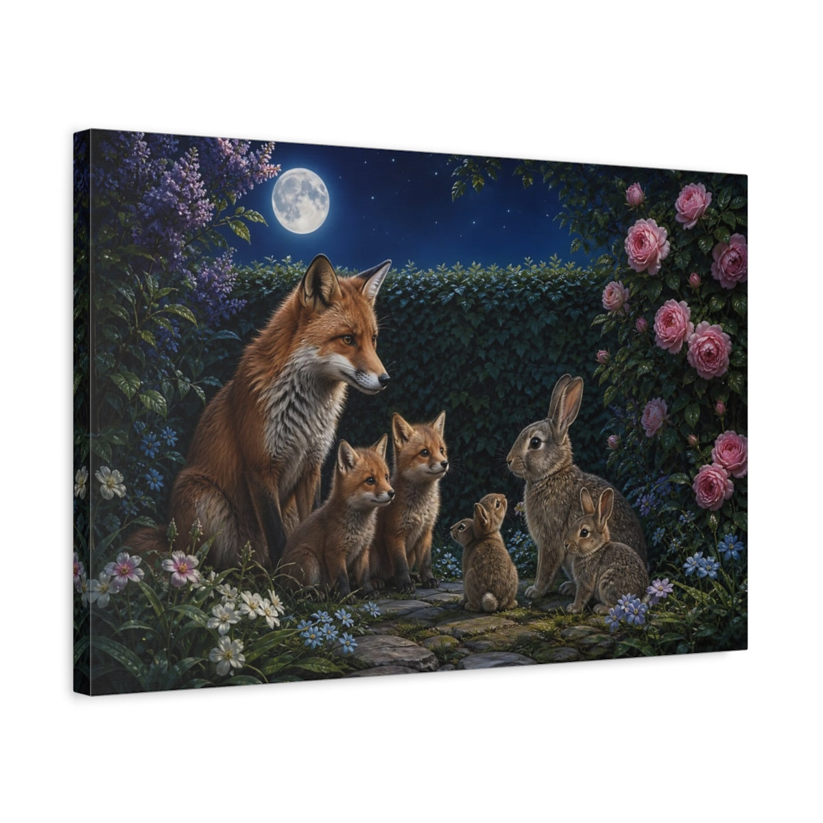Side Mockup 3. Animals Foxes And Rabbits Moonlit Wildlife shown as canvas print